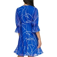 V-Neck Ribbon-Print Ruffled Chiffon Dress