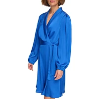 Long-Sleeve Shawl-Collar Faux Wrap Dress