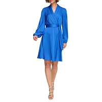 Long-Sleeve Shawl-Collar Faux Wrap Dress