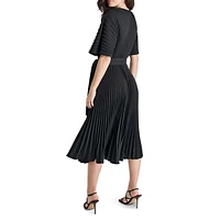 Pleated Surplice Midi Fit-&-Flare Dress