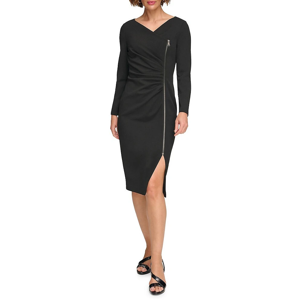 Long-Sleeve Front-Zip Scuba Crepe Dress