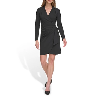 Long-Sleeve Ruched Surplice Faux Wrap Dress