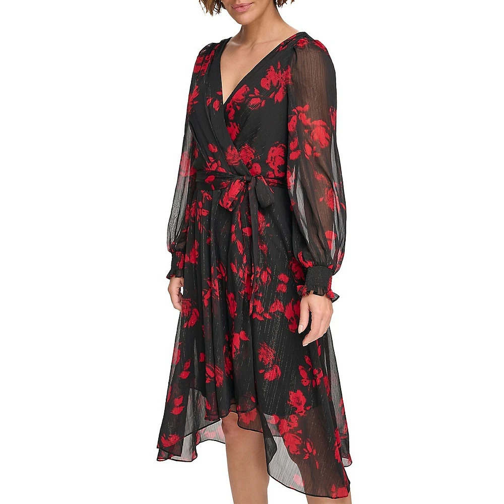 Tied Balloon-Sleeve Surplice Dress