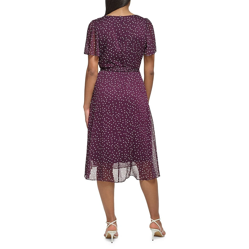 Dotted Flutter-Sleeve Midi Faux Wrap Dress