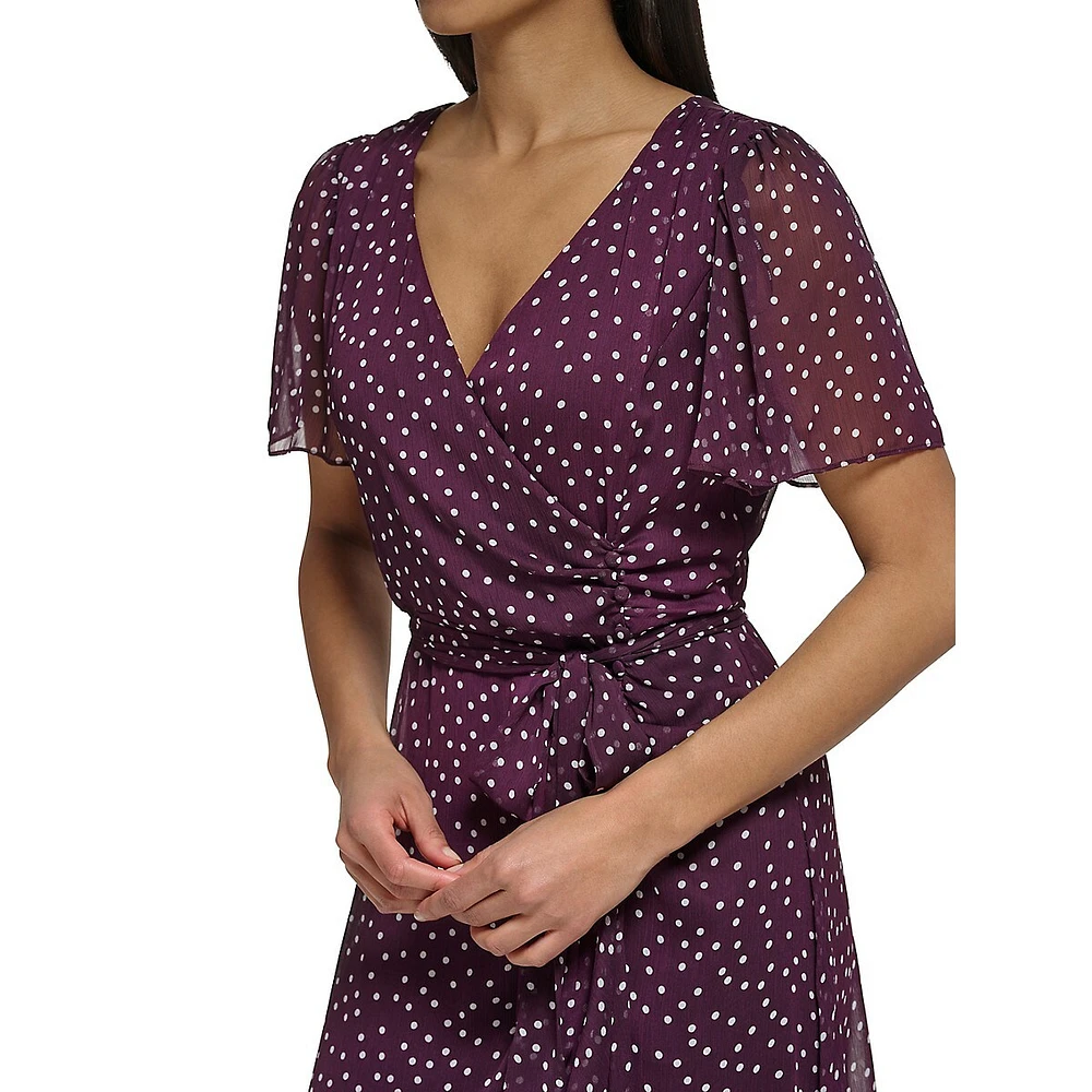 Dotted Flutter-Sleeve Midi Faux Wrap Dress