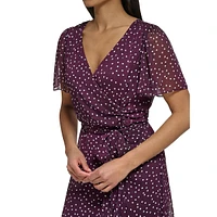 Dotted Flutter-Sleeve Midi Faux Wrap Dress