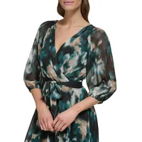 Printed Chiffon Faux Wrap Dress