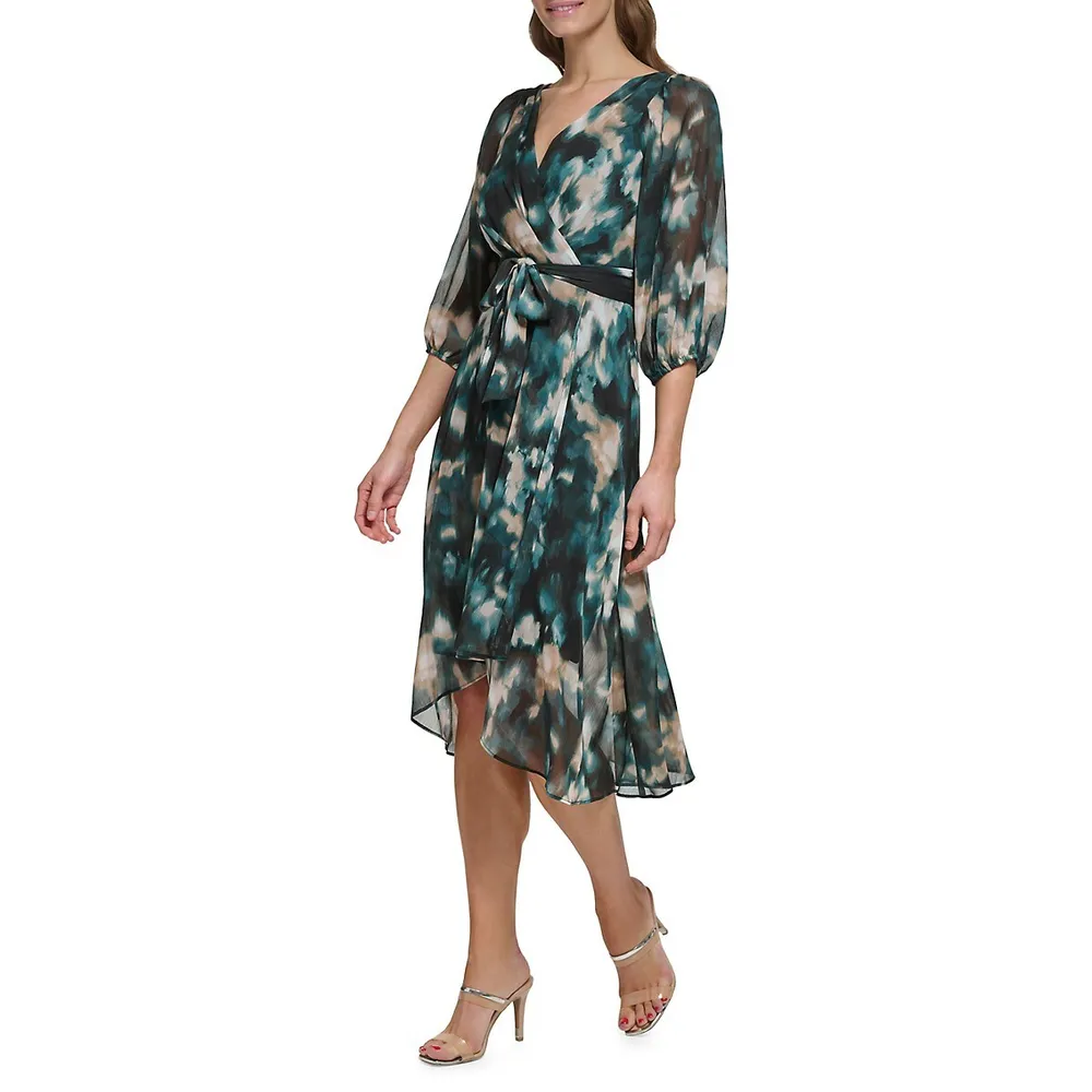 Printed Chiffon Faux Wrap Dress