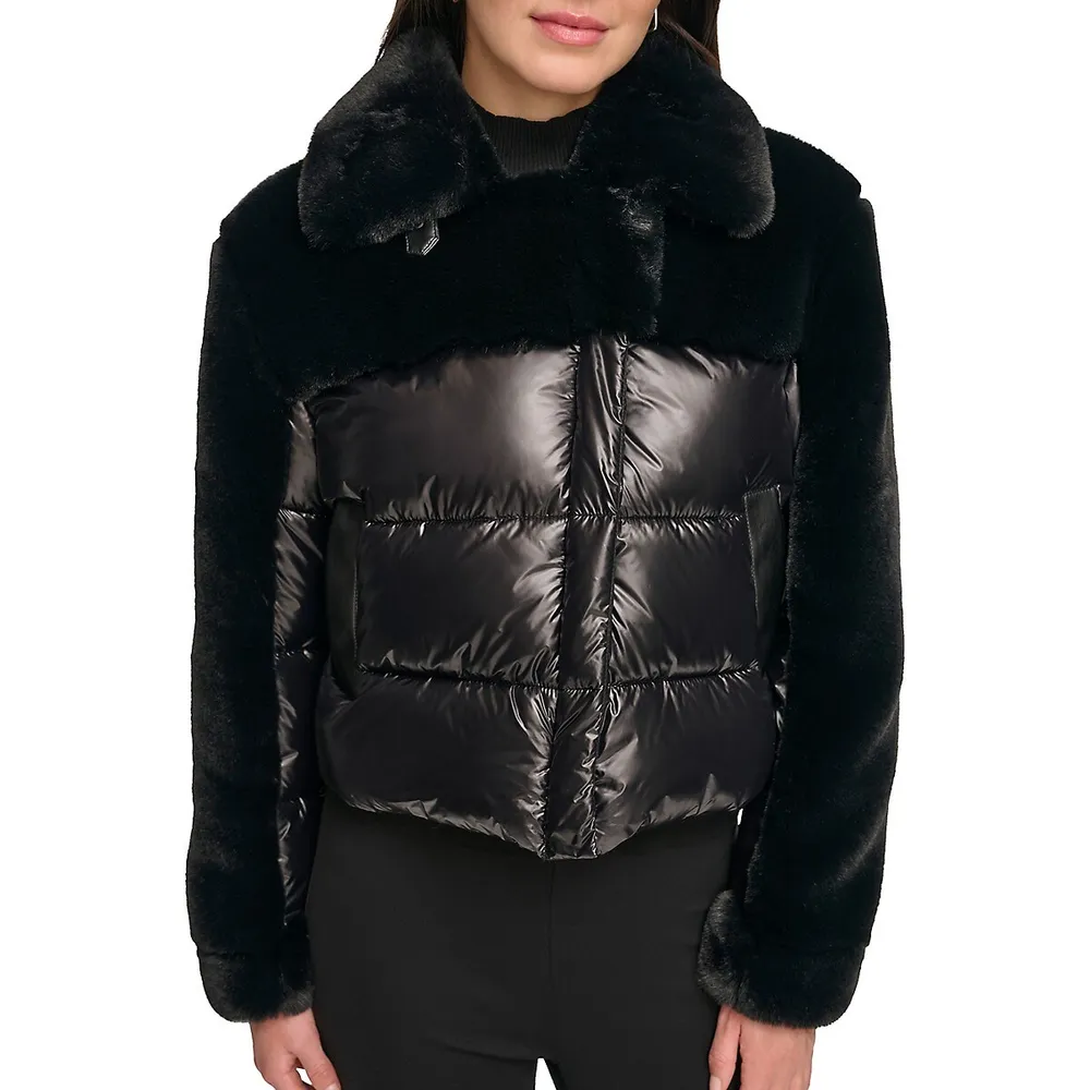 DKNY Men's Shearling Bomber Jacket with Faux Fur Collar - Real
