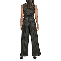 Pleated Jersey and Faux Leather-Trim Jumpsuit