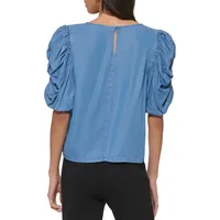 Tencel Puffy Ruched-Sleeve Top