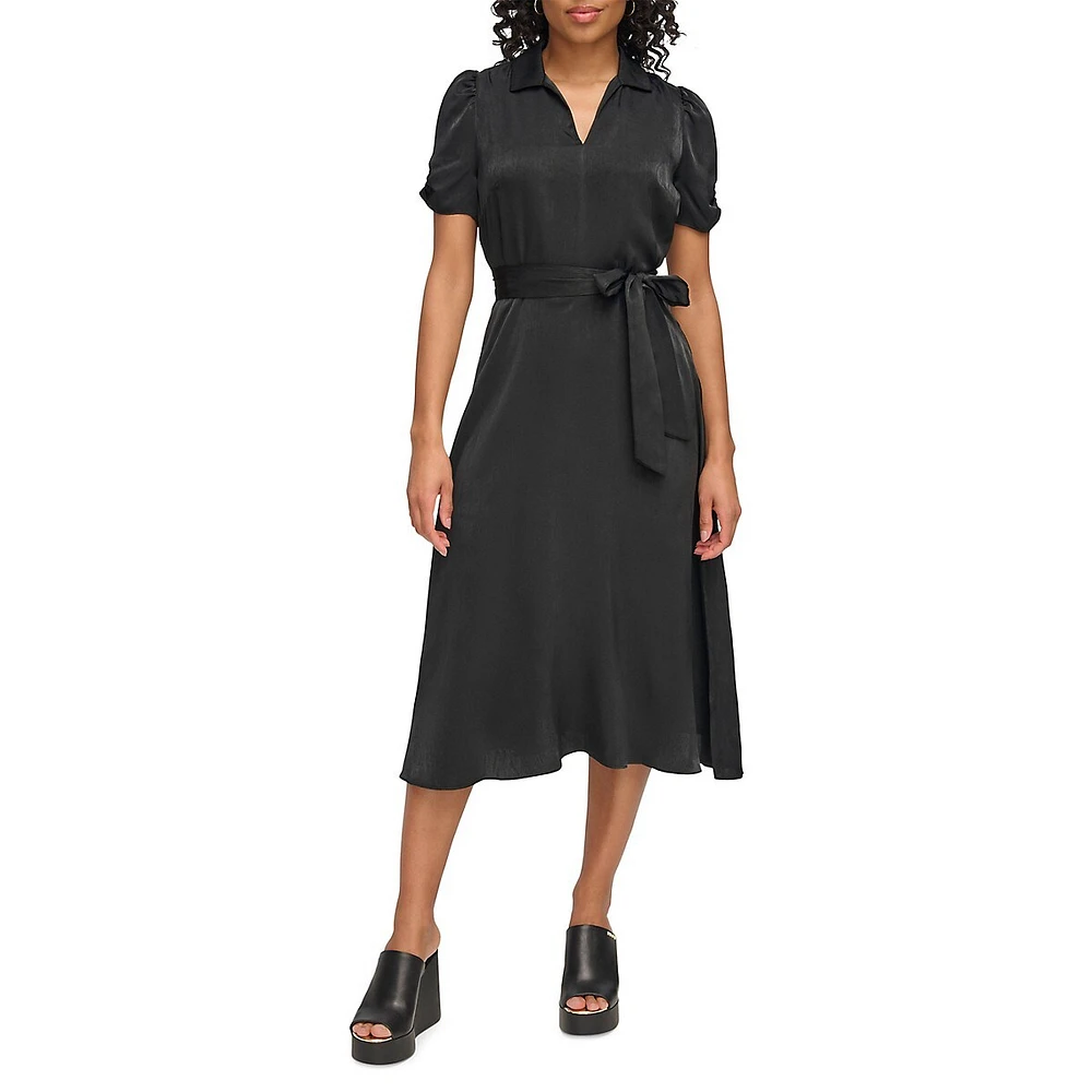 Puff-Sleeve Satin Midi Dress