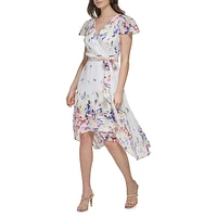 Printed Flutter-Sleeve Faux Wrap Midi Dress