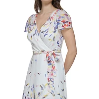 Printed Flutter-Sleeve Faux Wrap Midi Dress