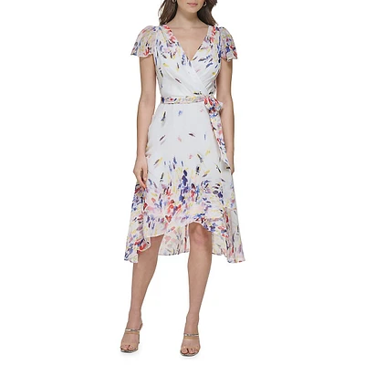 Printed Flutter-Sleeve Faux Wrap Midi Dress