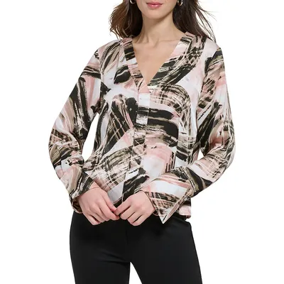 Printed V-Neck Pleated-Front Blouse