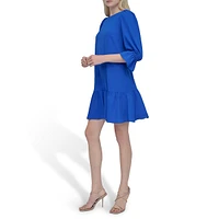 Balloon-Sleeve Flounce-Hem Shift Dress