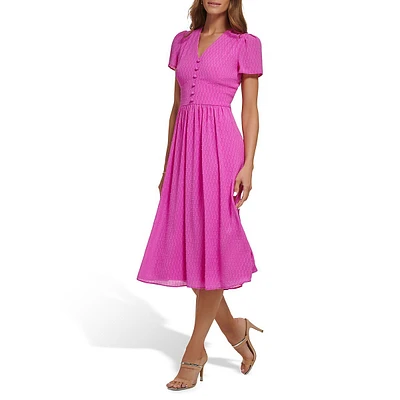 V-Neck Button-Front Midi Dress