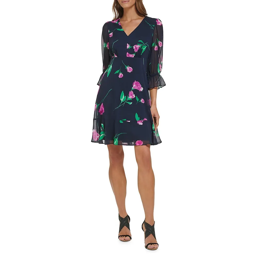 Floral Chiffon Balloon Sleeve Dress