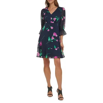 Floral Chiffon Balloon Sleeve Dress