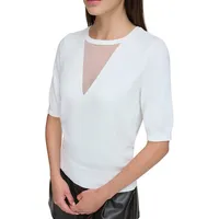 Mesh Neckline Ribbed Edge Top