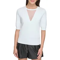 Mesh Neckline Ribbed Edge Top