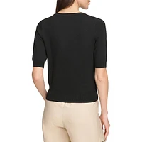 Mesh Neckline Ribbed Edge Top