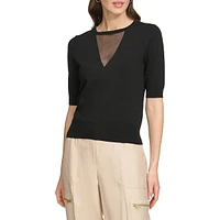 Mesh Neckline Ribbed Edge Top