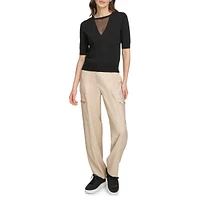 Mesh Neckline Ribbed Edge Top