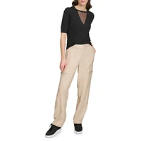 Mesh Neckline Ribbed Edge Top