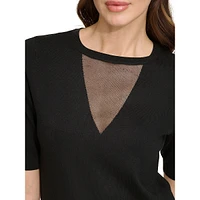 Mesh Neckline Ribbed Edge Top