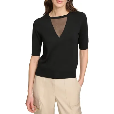 Mesh Neckline Ribbed Edge Top