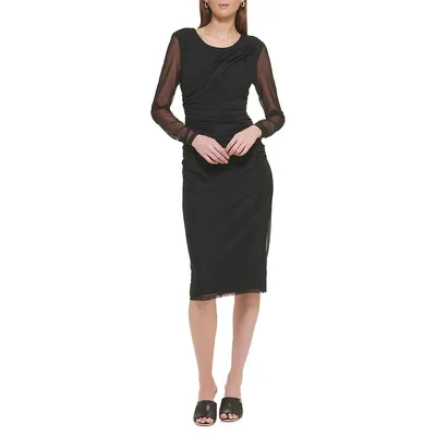 Sheer-Sleeve Ruched Fitted Dress