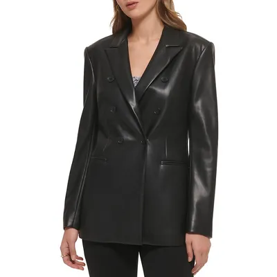Faux Leather Double-Breasted Blazer