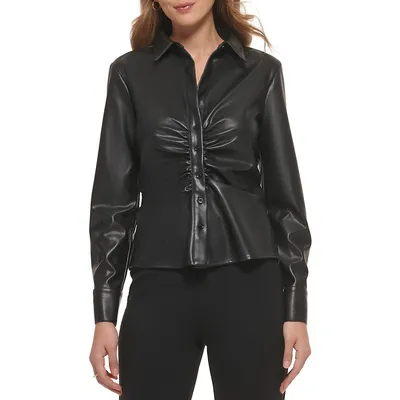 Ruched Front Faux Leather Shirt