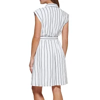 Striped Short-Sleeve Ruched Shirt Dress