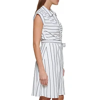 Striped Short-Sleeve Ruched Shirt Dress