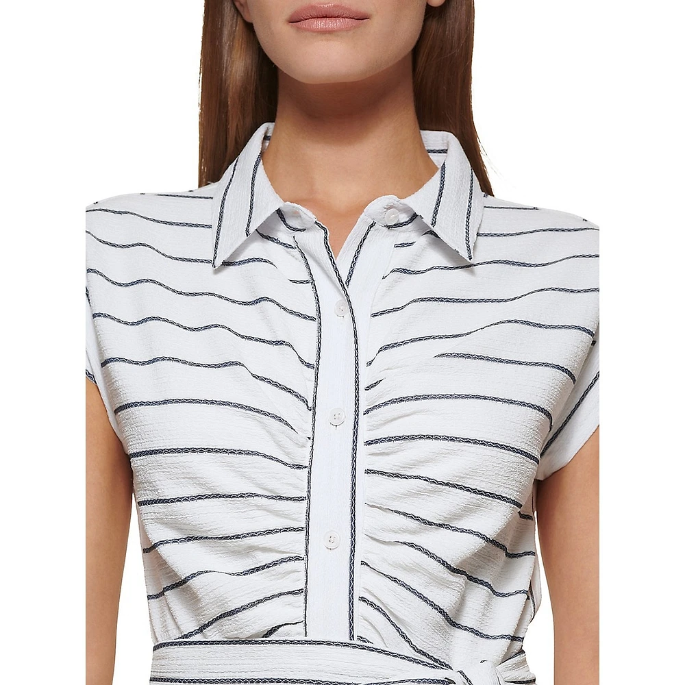 Striped Short-Sleeve Ruched Shirt Dress