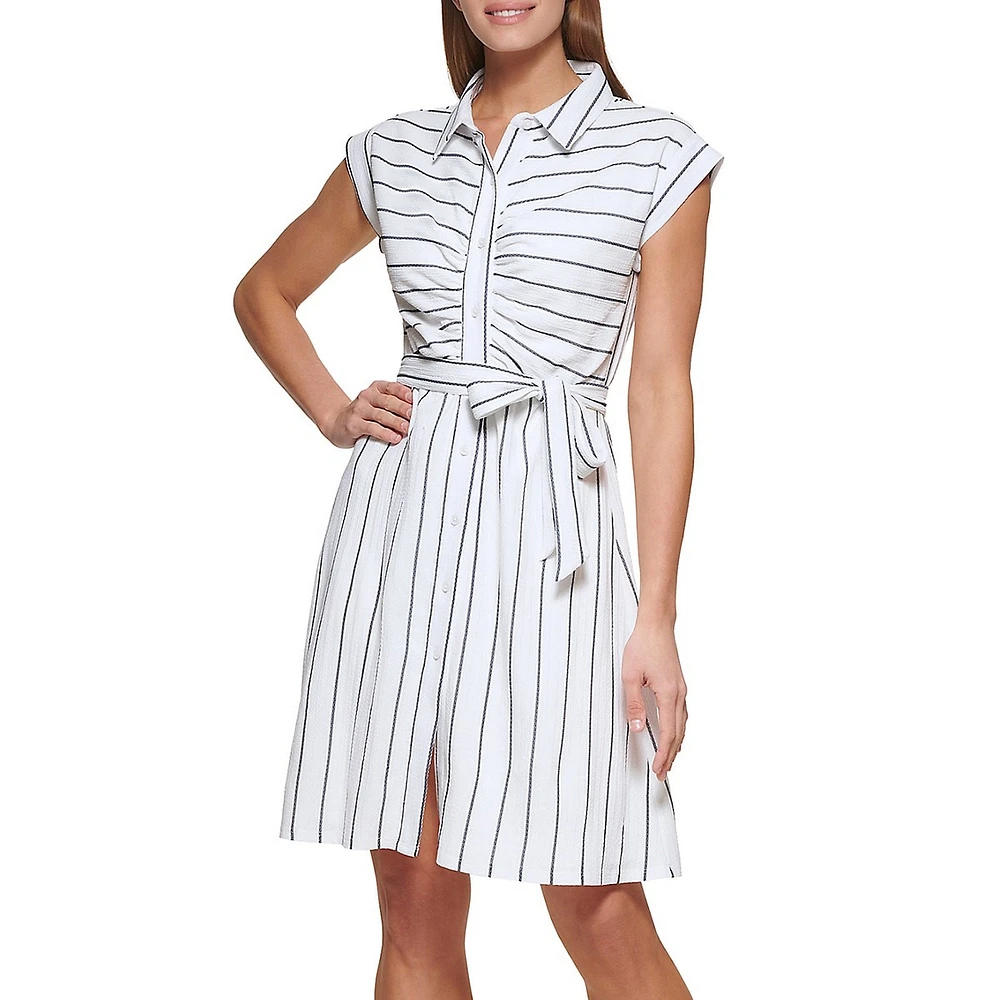 Striped Short-Sleeve Ruched Shirt Dress