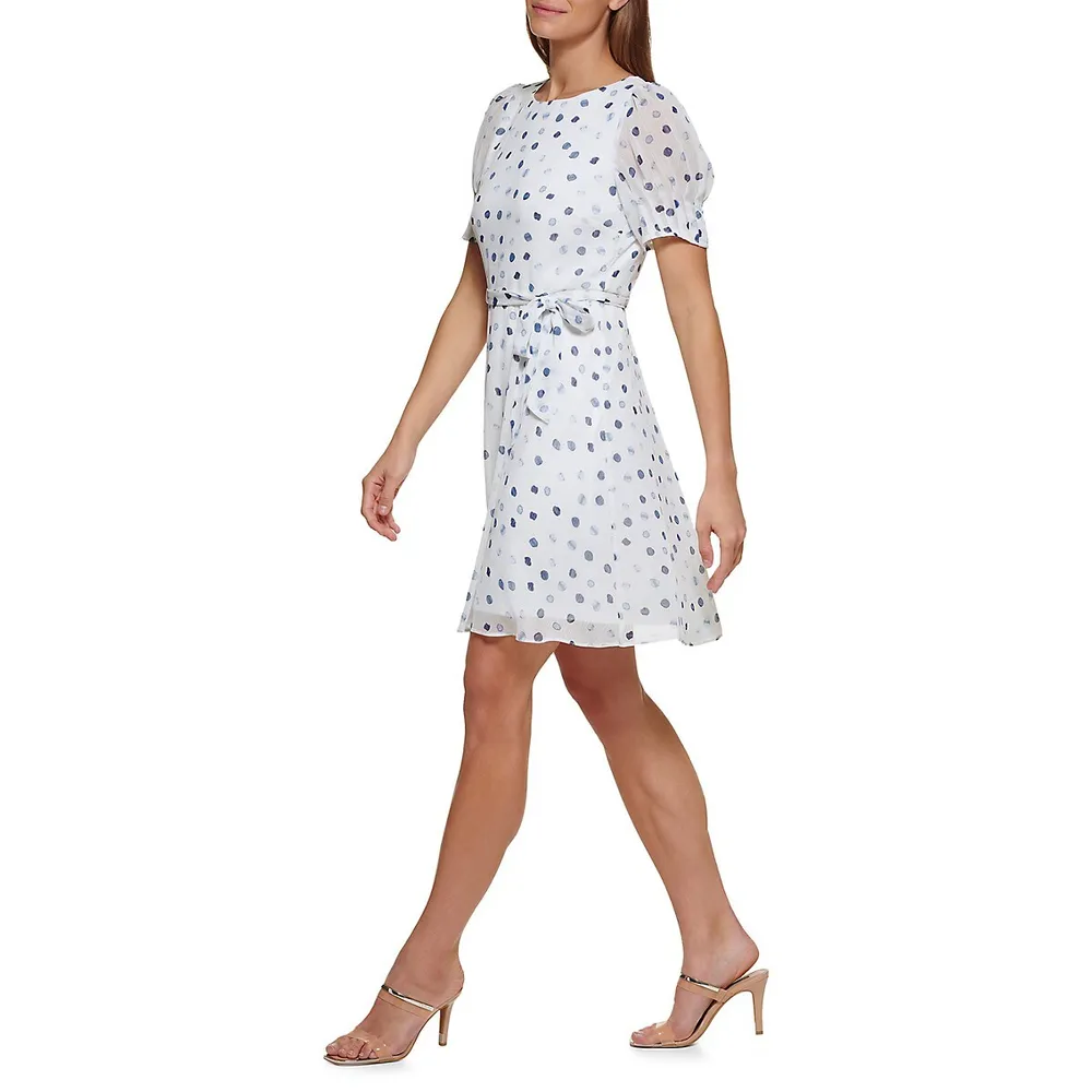 Polka-Dot Puff-Sleeve Dress