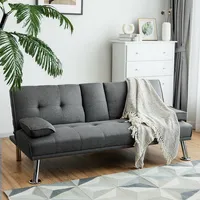 Convertible Folding Futon Sofa Bed Fabric W/2 Cup Holders Dark Gray