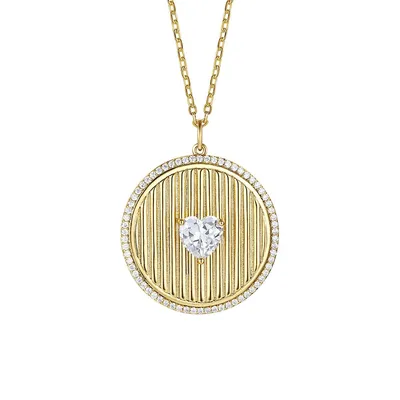14k Yellow Gold Plated With Clear Cubic Zirconia Heart Medallion Pendant Necklace