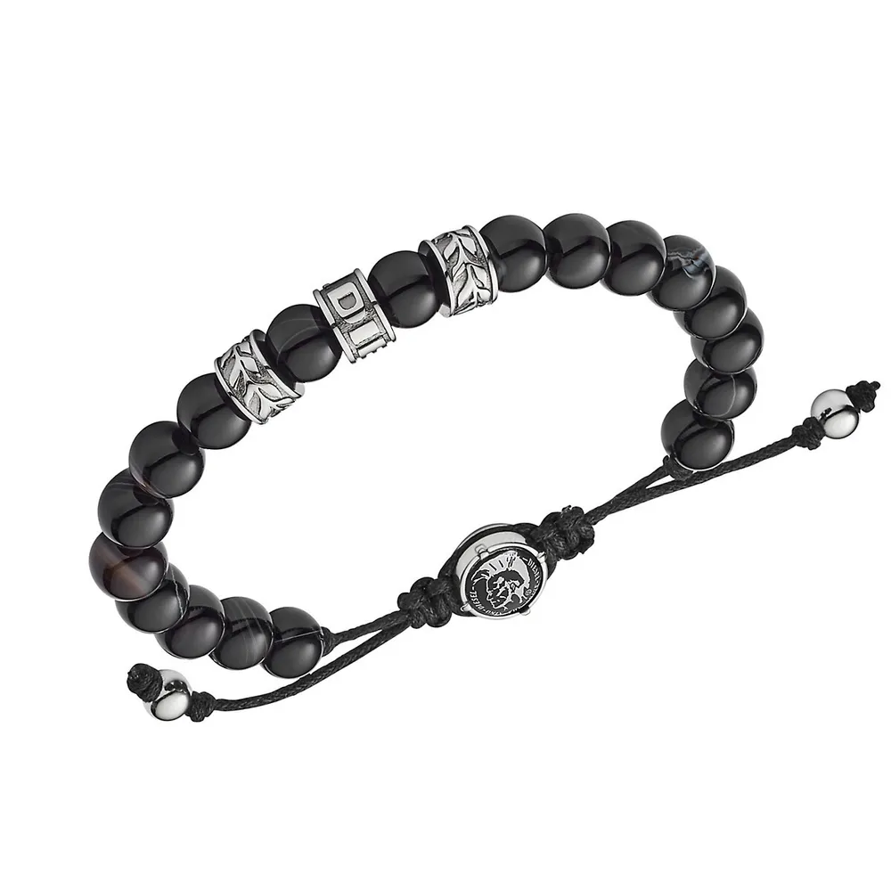 Men's Stainless-steel And Black Line Agate Bead Bracelet