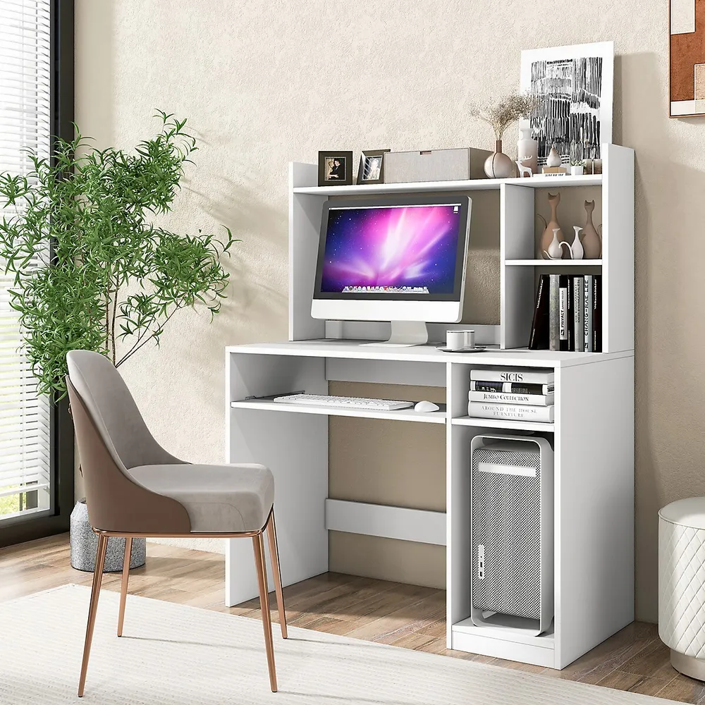 COSTWAY White Computer Desk with Storage Shelf, Wooden Writing Desk with  Hutch, Office Desk with CPU Stand & Keyboard Tray, Home PC Desk with  Bookshelf, for Bedroom, Study, Living Room 