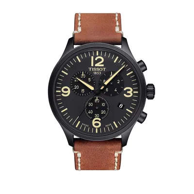 Montre chronographe à placage ionique noir avec bracelet en cuir T-Sport