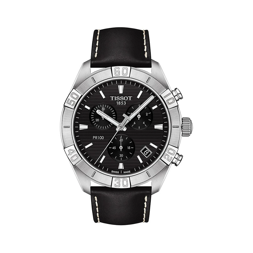 Montre chronographe sport en acier inoxydable T-Classic PR100 avec bracelet en cuir T1016171605100