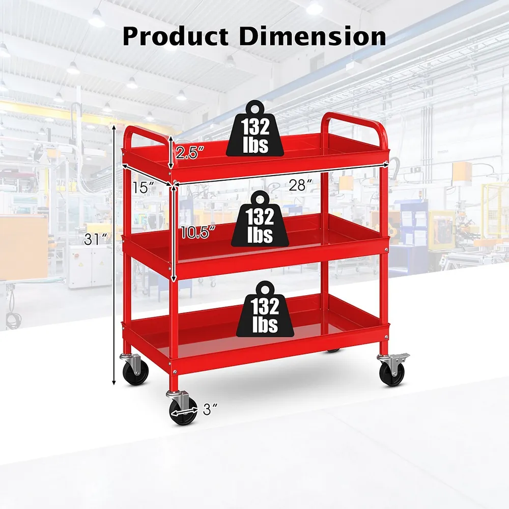 Costway 3-Tier Utility Cart Heavy Duty Wire Rolling Cart w/Handle Bar  Storage Trolley