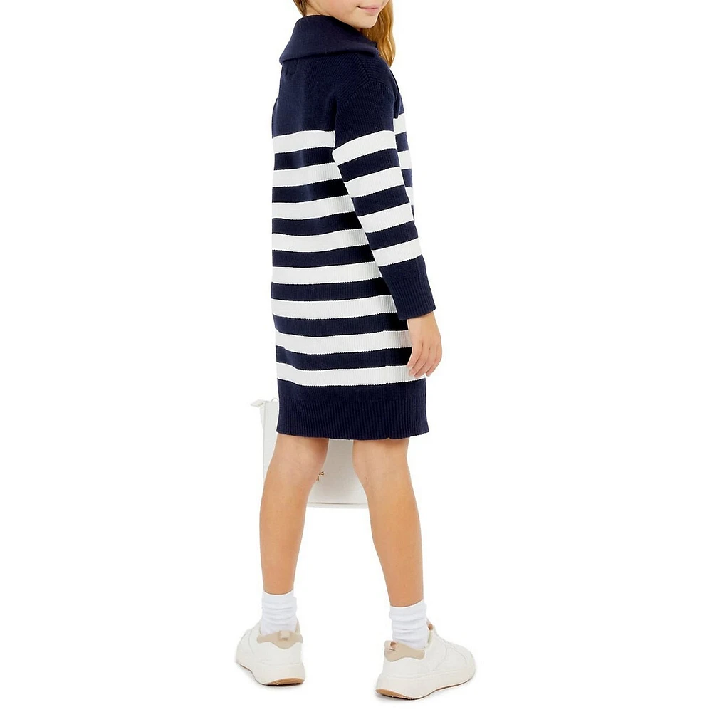 Girl's Striped Long-Sleeve Quarter-Zip Sweater Dress