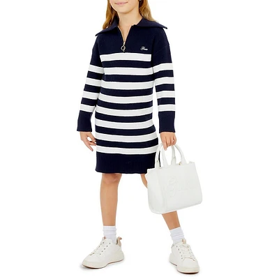 Girl's Striped Long-Sleeve Quarter-Zip Sweater Dress