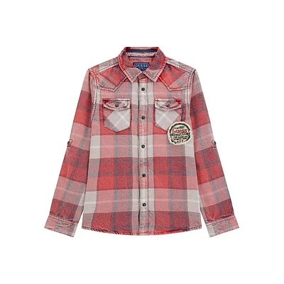 Boy's Adjustable-Sleeve Plaid Flannel Shirt